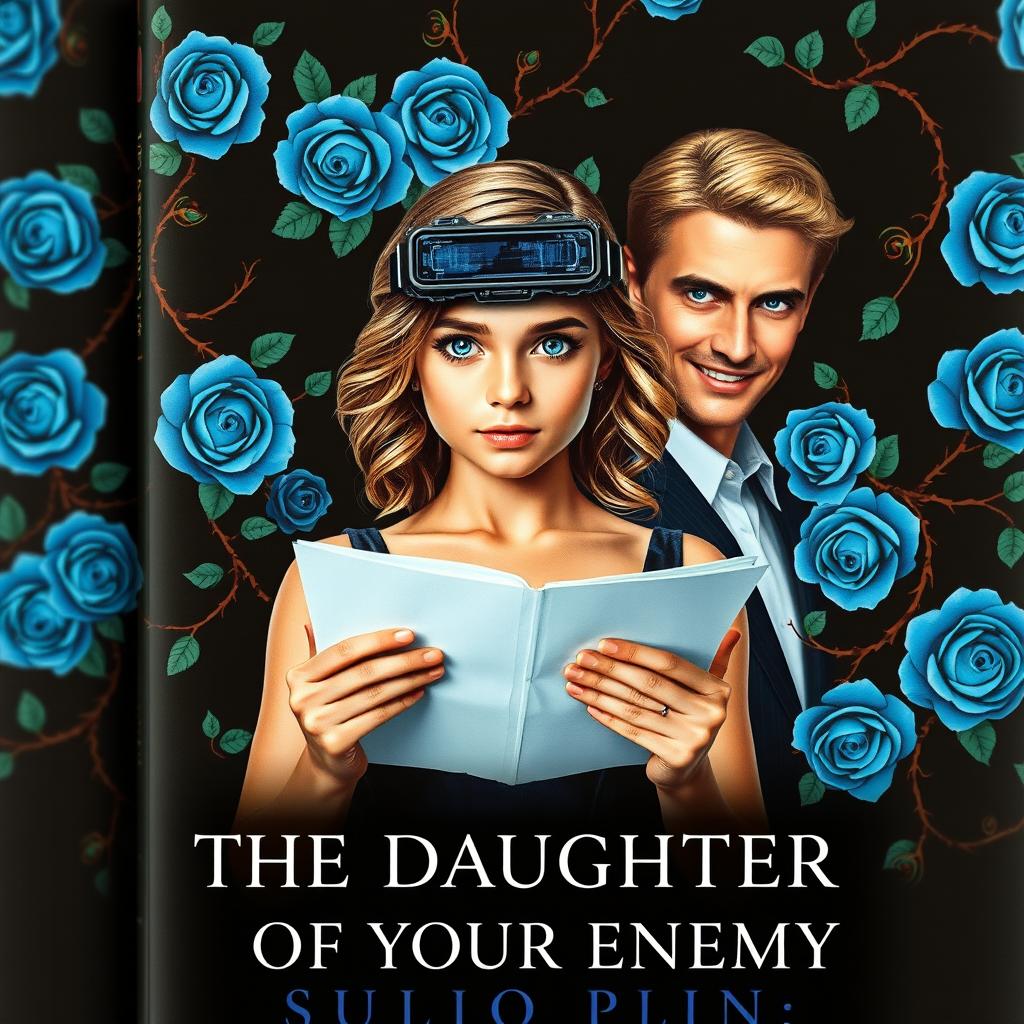 A captivating book cover featuring a black background adorned with striking blue roses and intricate vines with thorns