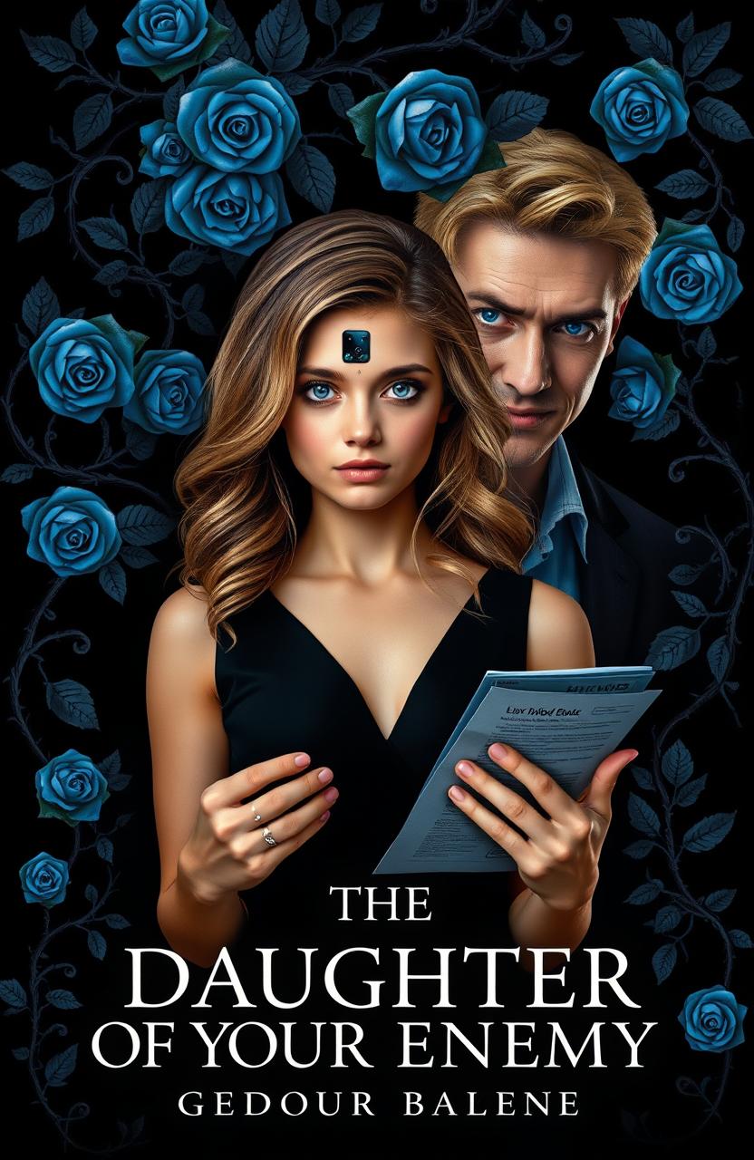 A book cover featuring a dark aesthetic with a black backdrop adorned with lush blue roses and intricate, thorny vines