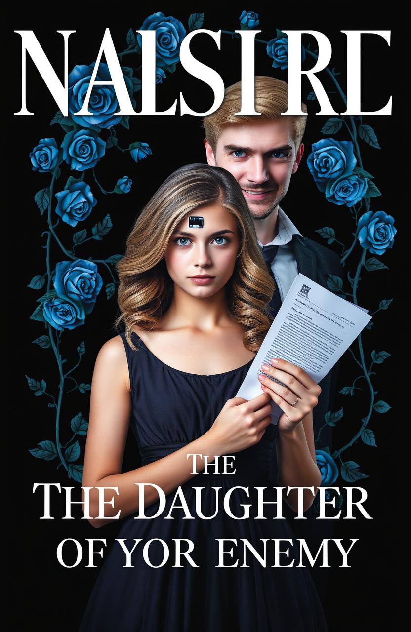 A mysterious book cover design featuring a black background adorned with blue roses and vines with thorns