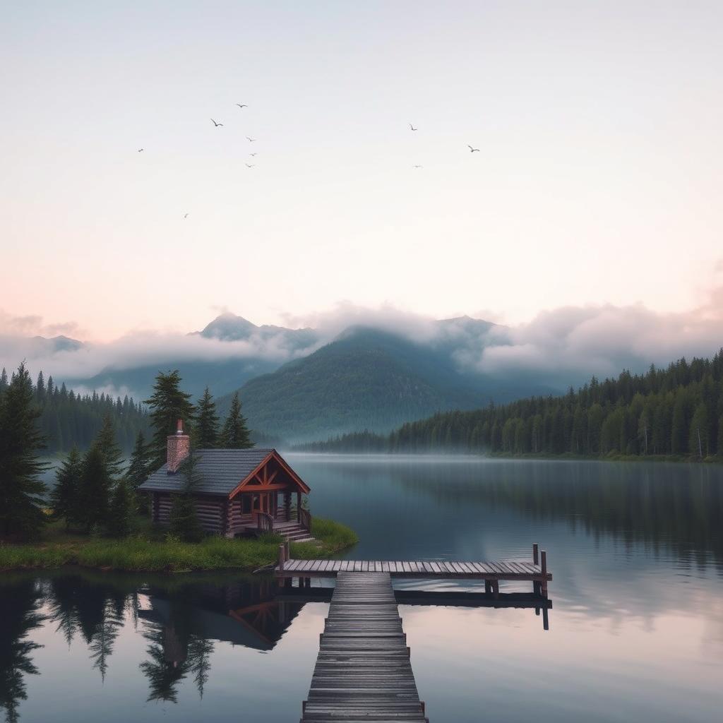 A serene landscape featuring a tranquil lake surrounded by lush green forests, with mountains in the distance partly covered in mist