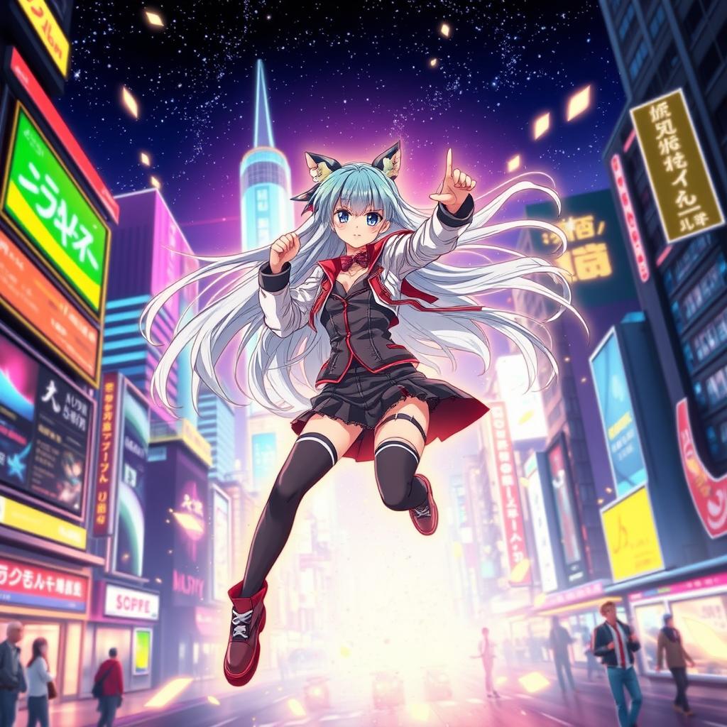 A vibrant scene reminiscent of a Japanese anime, featuring a dynamic character with long flowing hair, dressed in a stylish outfit inspired by futuristic cyberpunk aesthetics