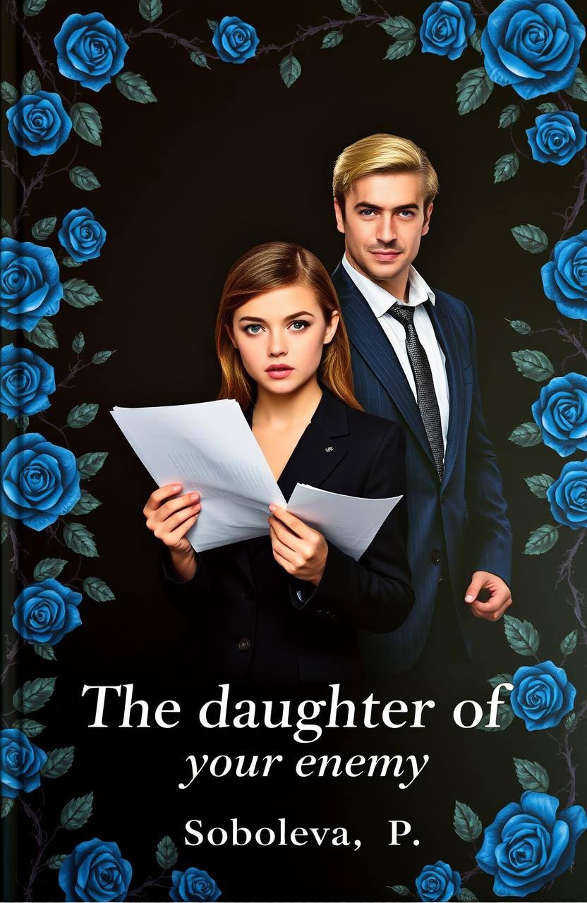 A striking book cover featuring a dark black background adorned with vibrant blue roses and intricate thorn-covered vines