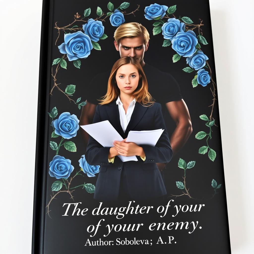 A captivating book cover with a black background adorned with beautiful blue roses and thorn-covered vines