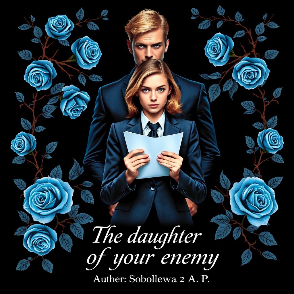 An intriguing book cover with a deep black background embellished with striking blue roses and thorn-covered vines