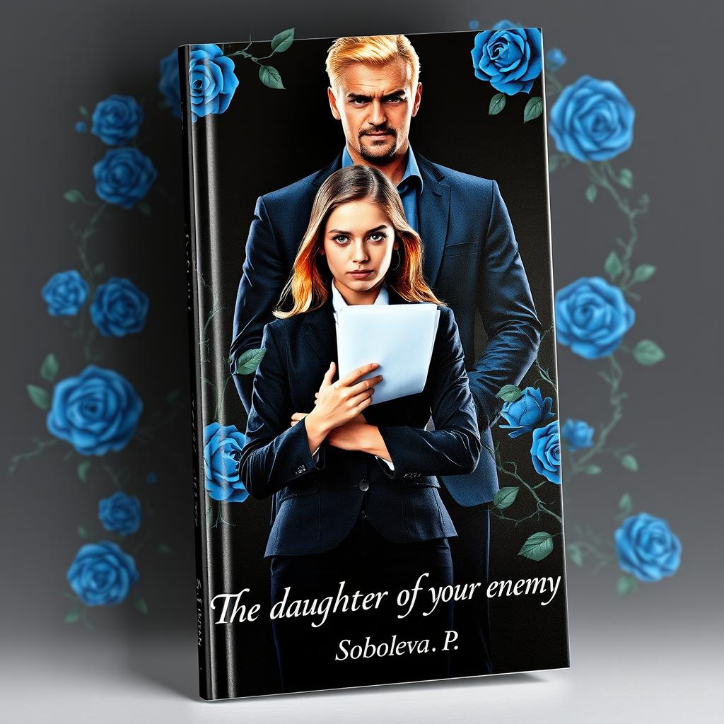 An engaging book cover with a deep black background embellished with vivid blue roses and thorn-covered vines