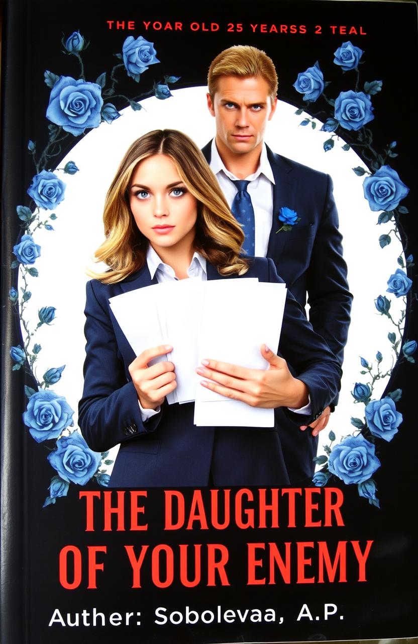 A book cover featuring a dark black background adorned with beautiful blue roses and thorn-covered vines