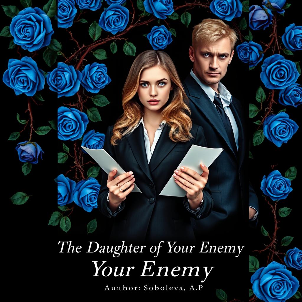 A striking book cover set against a deep black background, adorned with vibrant blue roses intertwined with thorn-covered vines