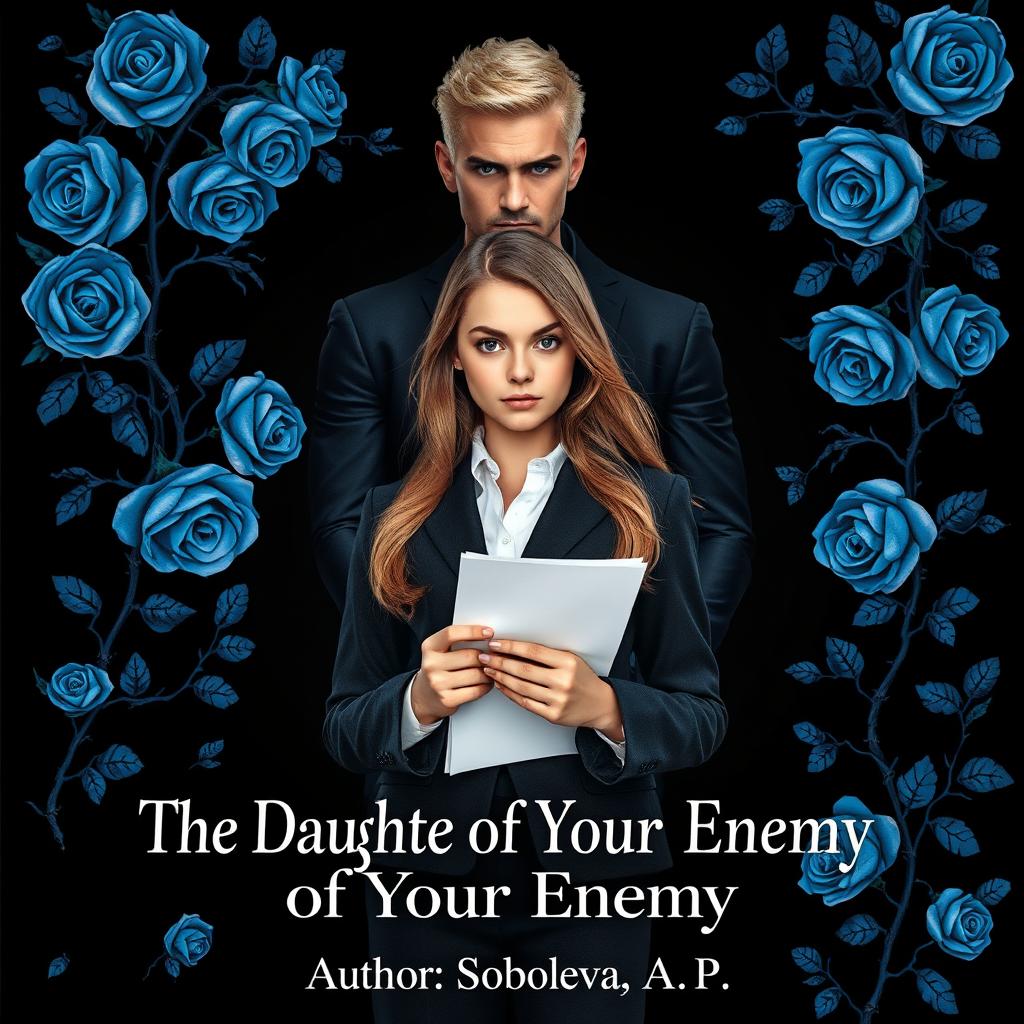 A captivating book cover design featuring a solid black background embellished with stunning blue roses intertwined with thorn-covered vines