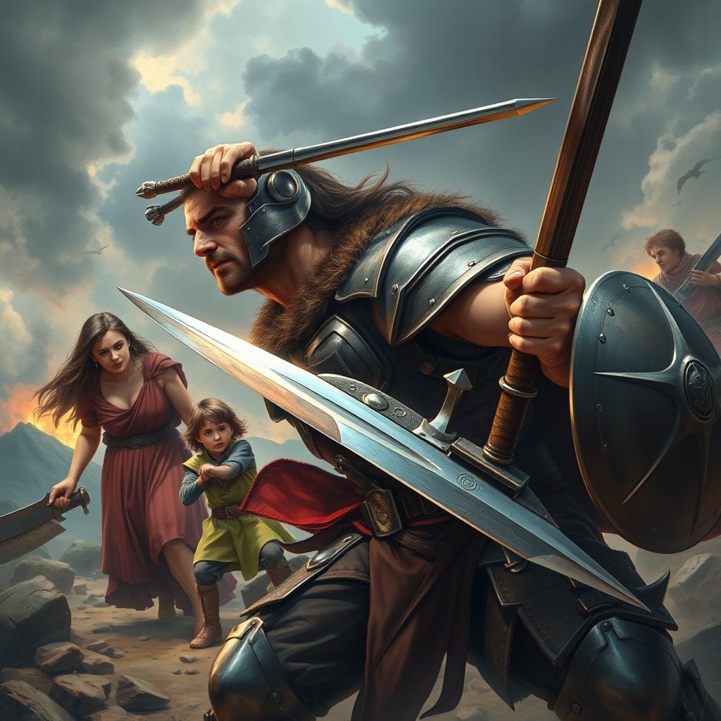 A powerful scene depicting a man engaged in battle, showcasing his strength and determination