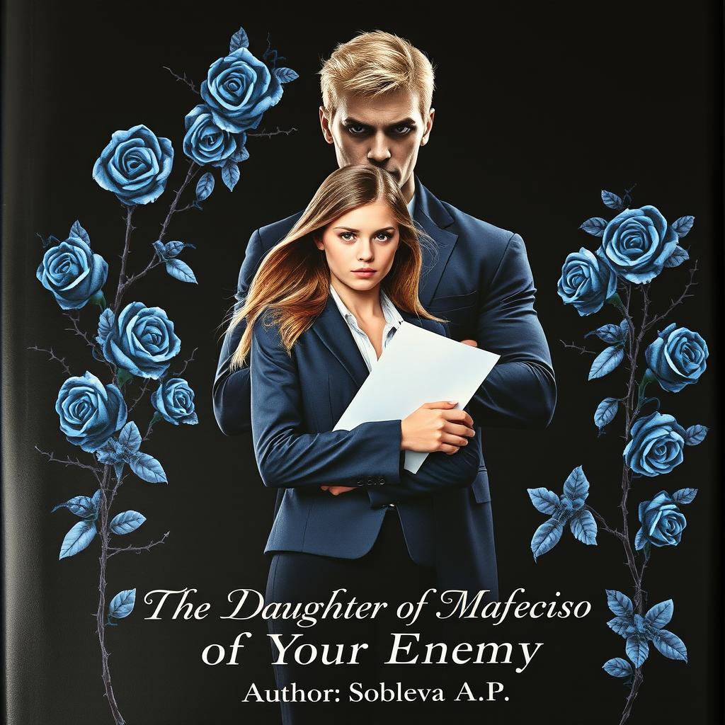 A captivating book cover design featuring a solid black background, beautifully adorned with striking blue roses intertwined with thorn-covered vines