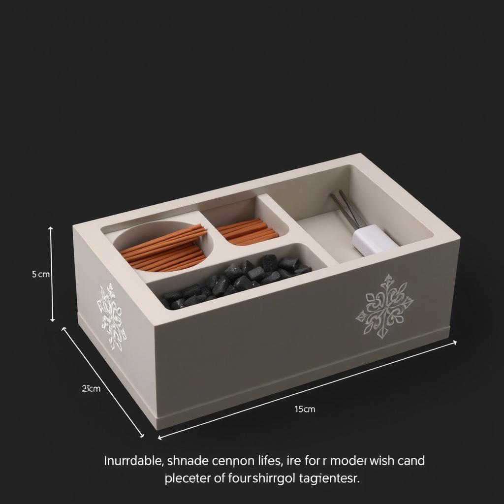 A 3D printed box with dimensions of 20 x 15 x 6 cm, featuring three compartments: one for incense, another for charcoal, and a third for a lighter and tweezers