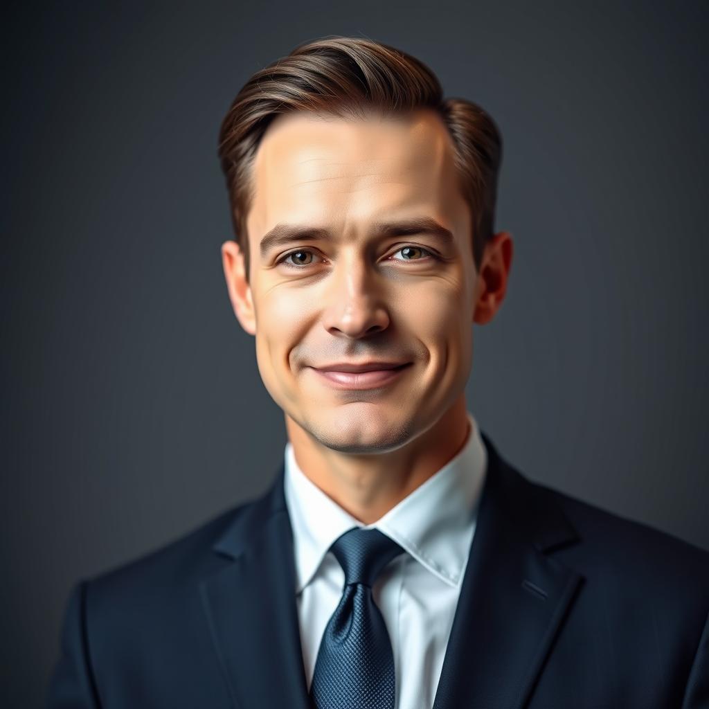 A professional CV image featuring a man's head seamlessly merged onto a well-fitted business suit