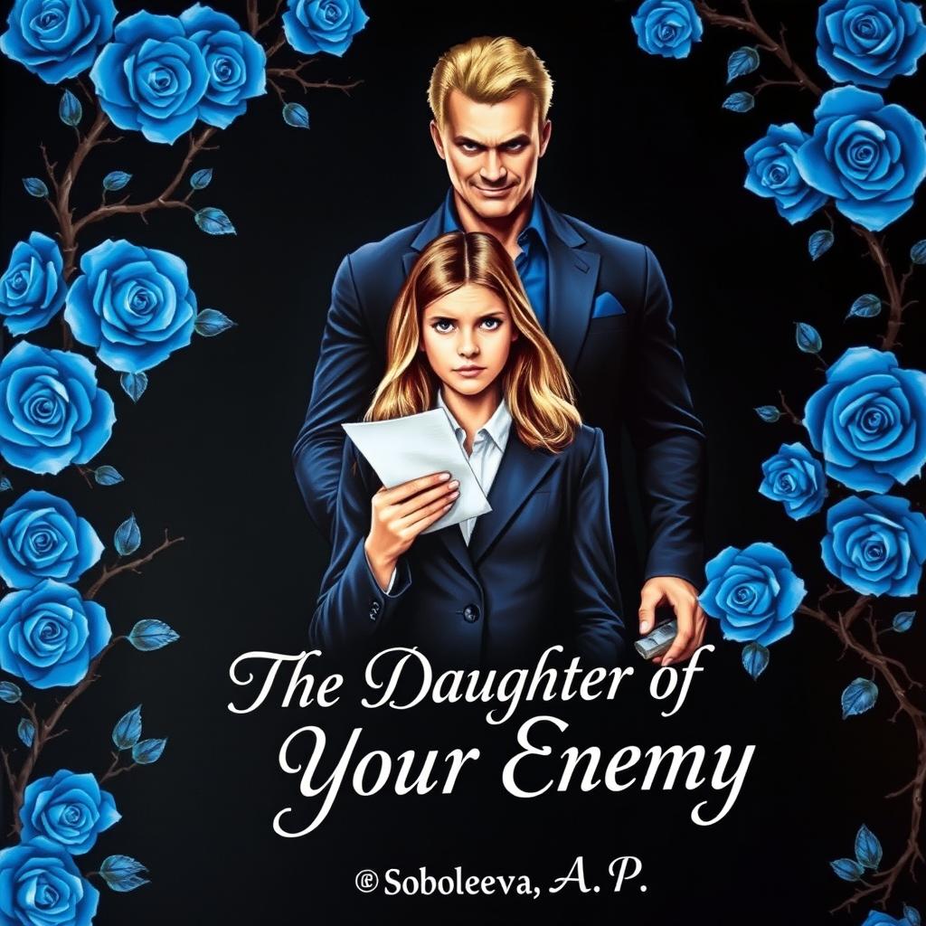 A captivating book cover featuring a solid black background embellished with vivid blue roses intertwined with thorn-covered vines