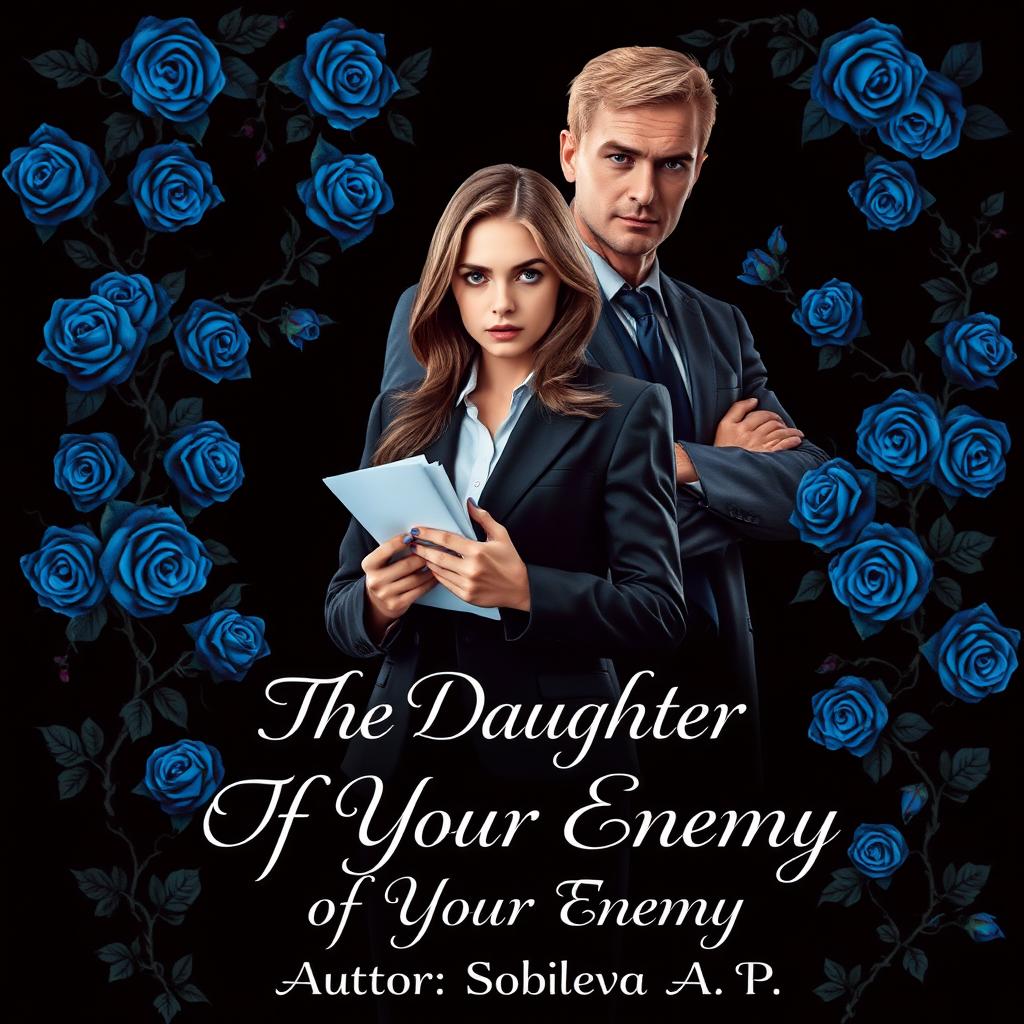 A striking book cover design featuring a deep black background adorned with vibrant blue roses and thorn-covered vines