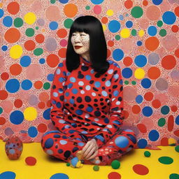 Develop a compelling visual ad campaign for a Yayoi Kusama Print Collection, incorporating exclusive prints inspired by her renowned exhibitions. Vibrant energy and Kusama's distinctive vision should infuse the campaign.