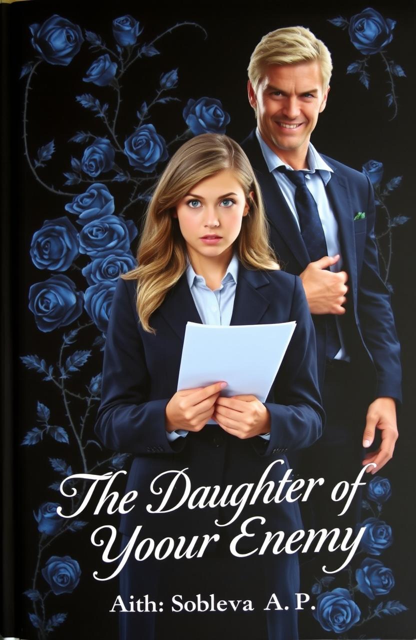 A dramatic book cover featuring a black background with stunning blue roses and thorn-covered vines