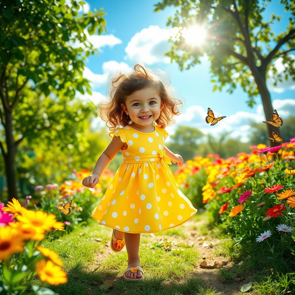 A cheerful 5-year-old girl with curly brown hair and sparkling blue eyes, playing in a vibrant garden full of colorful flowers and butterflies