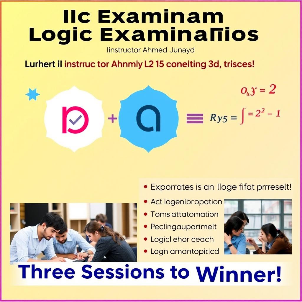 A promotional poster for a logic examination course led by instructor Ahmad Junayd, featuring vibrant graphics representing logic symbols and mathematical equations