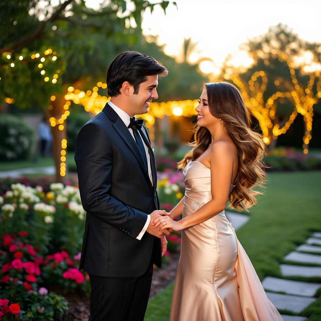 Two elegantly dressed people, a man and a woman, standing closely together in a serene outdoor setting, holding hands