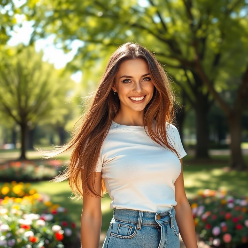 A beautiful young woman with long, flowing brunette hair, bright green eyes, and a warm smile
