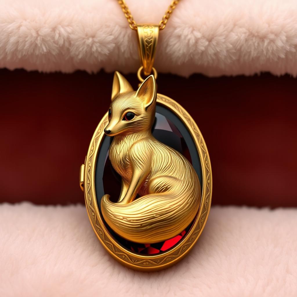 A stunning fox-shaped garnet locket, intricately designed with a realistic depiction of a fox