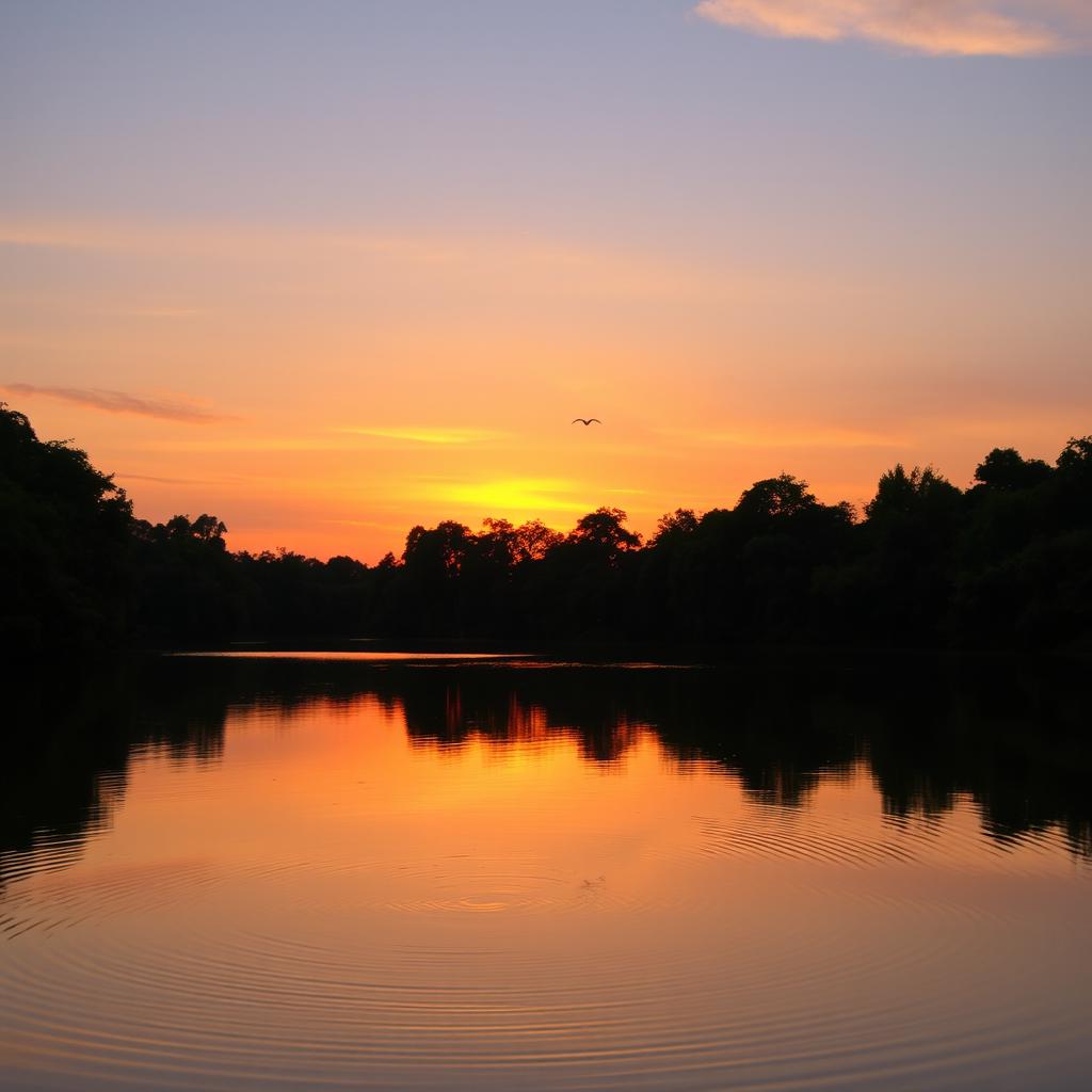 A serene sunset over a tranquil lake, surrounded by lush green trees