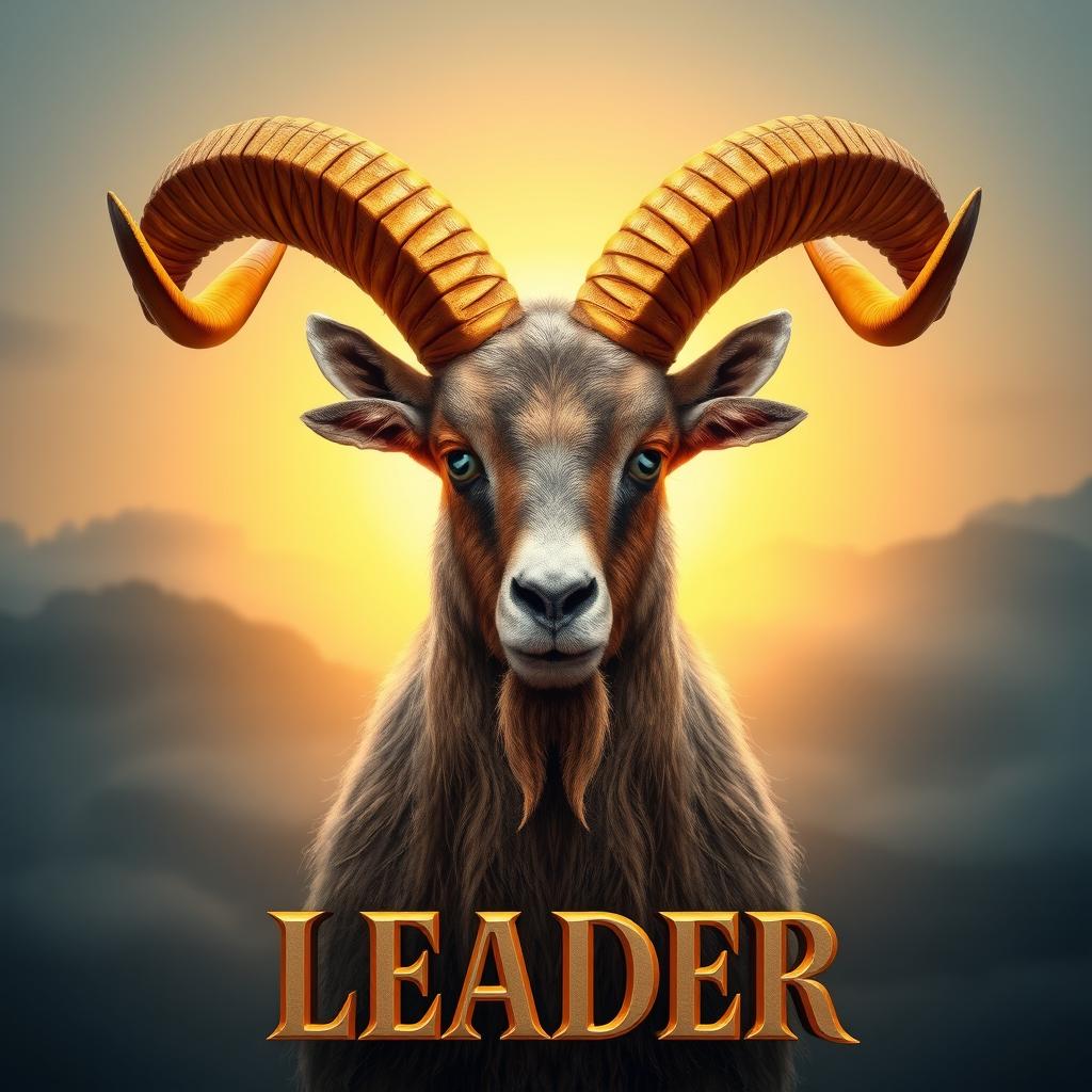 A majestic Markhor goat with large, intricate spiral horns, adorned with golden metallic highlights and hyper-detailed fur, facing forward with a powerful gaze
