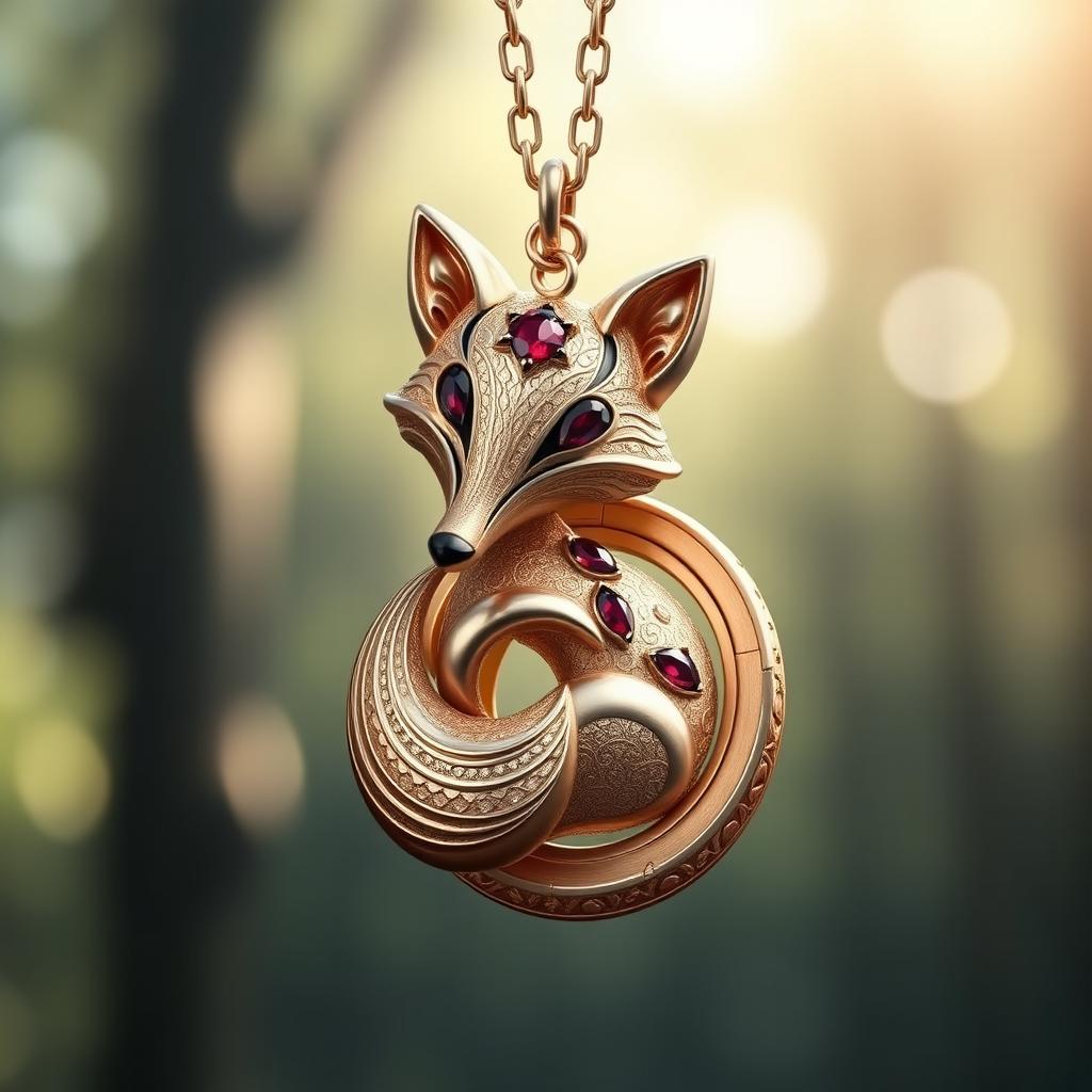 A stunning fox-shaped garnet locket, featuring intricate details such as finely crafted fur patterns and shimmering garnet gemstones set in its eyes and along its body