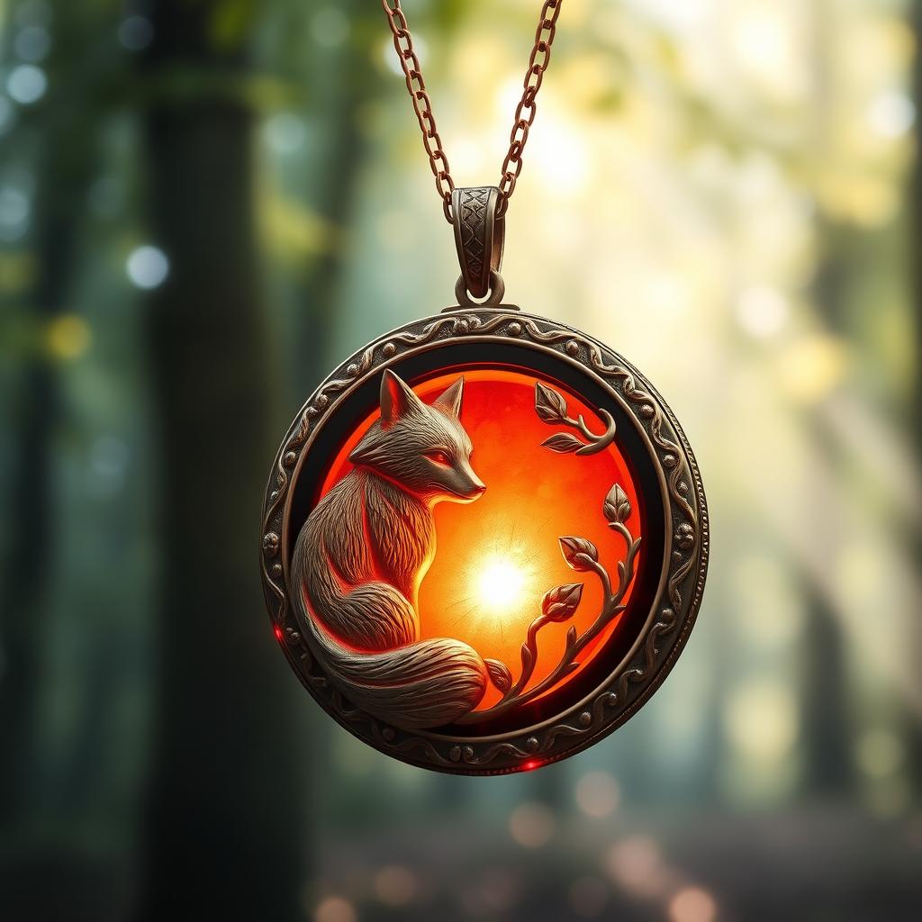 A beautifully designed fox garnet locket featuring intricate carvings of a fox and nature-inspired motifs, the locket is elegantly opened to reveal a glowing garnet gemstone inside, with soft, warm lighting highlighting the details of the craftsmanship