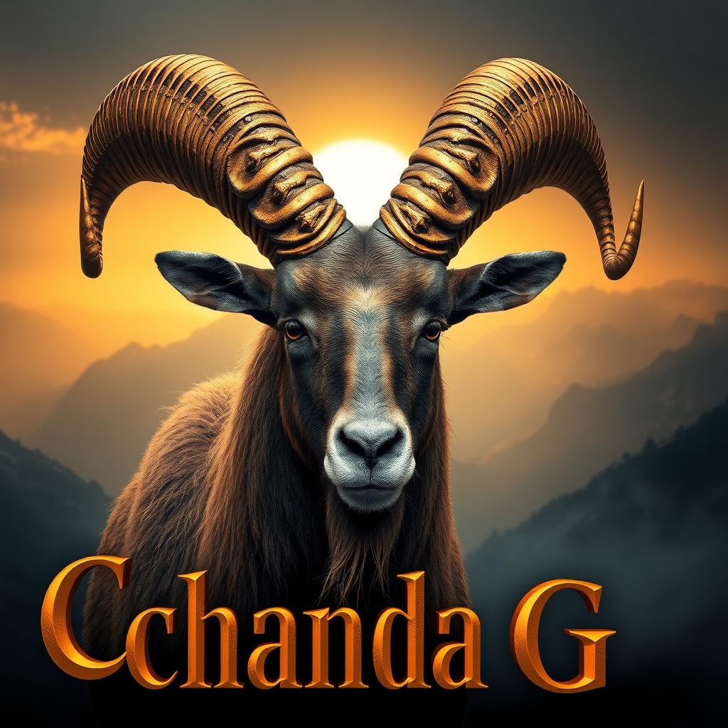 A majestic Markhor goat with large, intricate spiral horns, featuring golden metallic highlights and hyper-detailed fur
