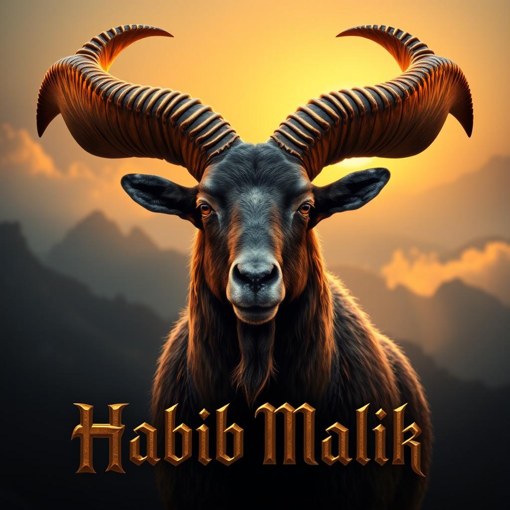 A majestic Markhor goat with large, intricate spiral horns and golden metallic highlights, featuring hyper-detailed fur