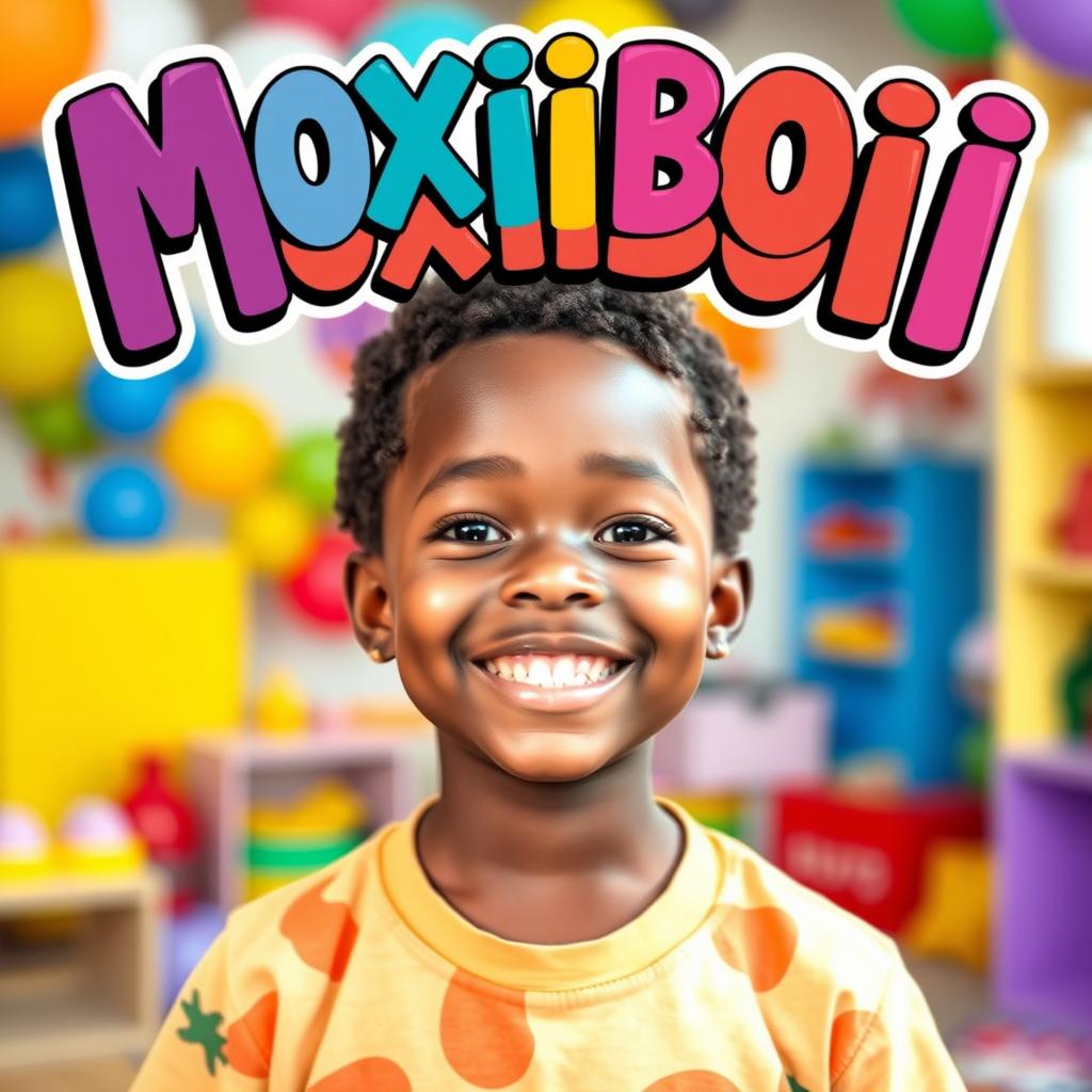 A vibrant and colorful portrait of a young black boy smiling joyfully, standing in a playful environment with a background full of fun elements like balloons and toys