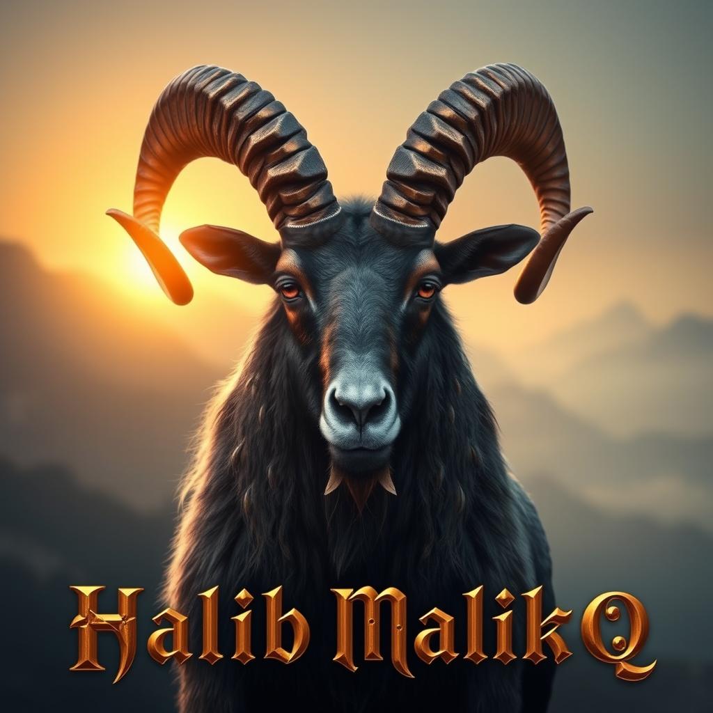 A majestic Markhor goat with large, intricate spiral horns that are highlighted with golden metallic accents, showcasing hyper-detailed fur