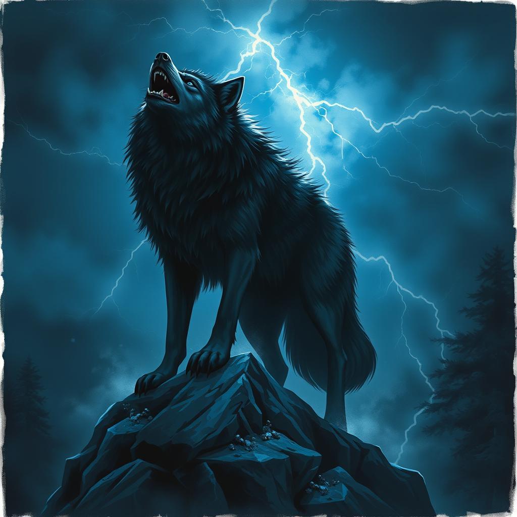 A fierce and imposing wolf, symbolizing strength and independence, portrayed in a dramatic, moody landscape