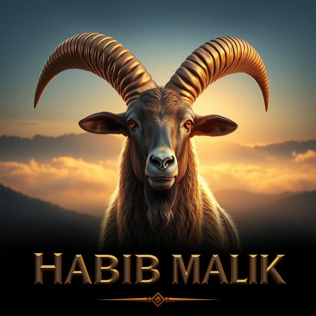 A majestic Markhor goat with large, intricate spiral horns, adorned with golden metallic highlights, showcasing hyper-detailed fur