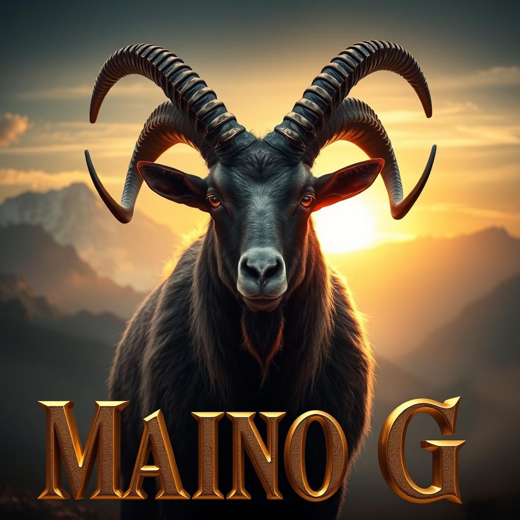 A majestic Markhor goat with large, intricate spiral horns, adorned with golden metallic highlights, its hyper-detailed fur shimmering in the light