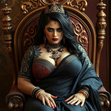 A stunning, voluptuous woman with an hourglass figure sitting elegantly in a royal chair