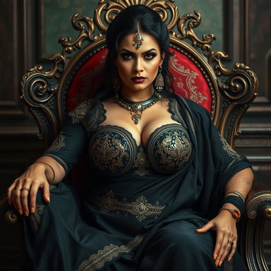 A stunning, voluptuous woman with an hourglass figure sitting elegantly in a royal chair