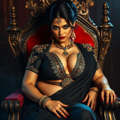 A stunning, voluptuous woman with an hourglass figure sitting elegantly in a royal chair