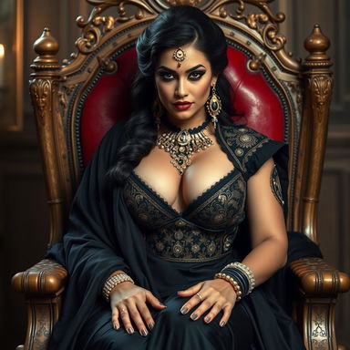 A stunning, voluptuous woman with an hourglass figure sitting elegantly in a royal chair