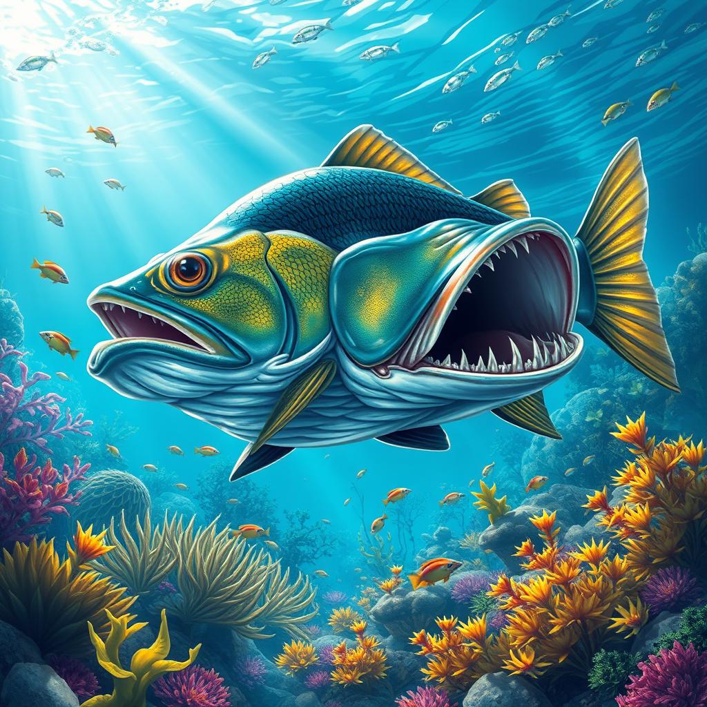 A beautifully detailed illustration of a giant piranha swimming through crystal-clear water, showcasing its sharp teeth and iridescent scales
