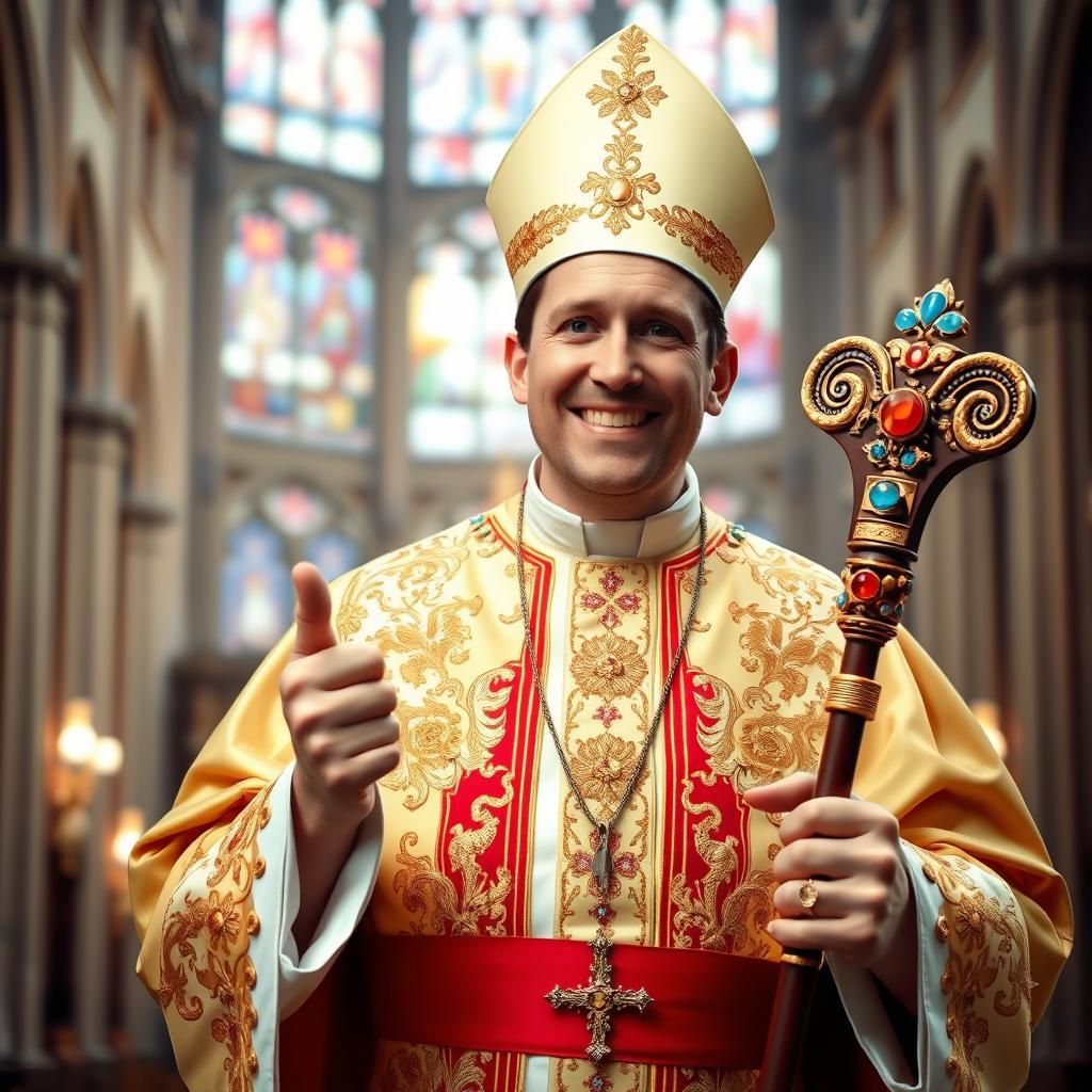 A whimsical and humorous portrayal of Joe Lycett dressed as the Pope, wearing traditional papal robes that are beautifully adorned with intricate gold embroidery and symbols