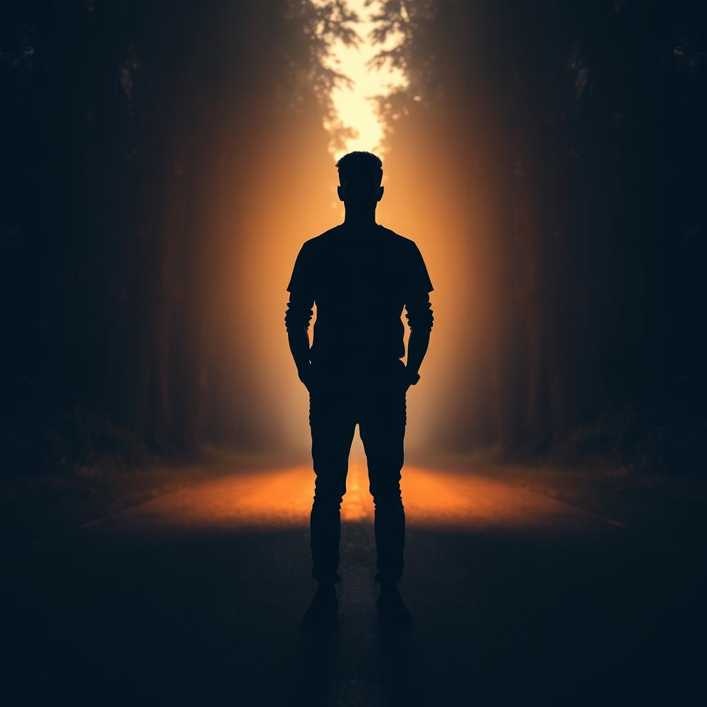 A man standing on a gloomy road flanked by two lines of tall trees, illuminated by soft, warm evening light pouring from behind, creating a silhouette effect that renders his face unrecognizable