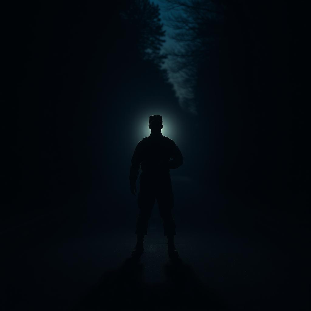 A solitary soldier standing on a dark, winding road, surrounded by towering trees on either side