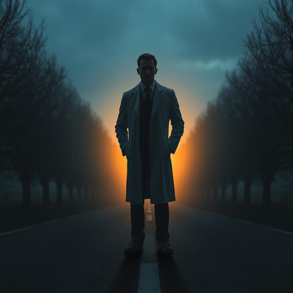 A mysterious doctor standing in a gloomy road, surrounded by two lines of eerie, shadowy trees