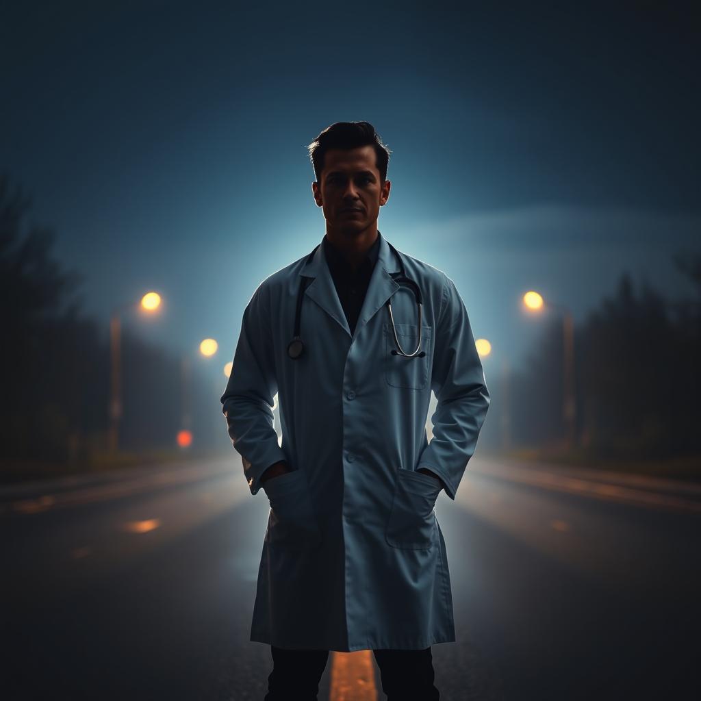 A dramatic scene featuring a doctor standing confidently in the middle of a quiet road during the evening