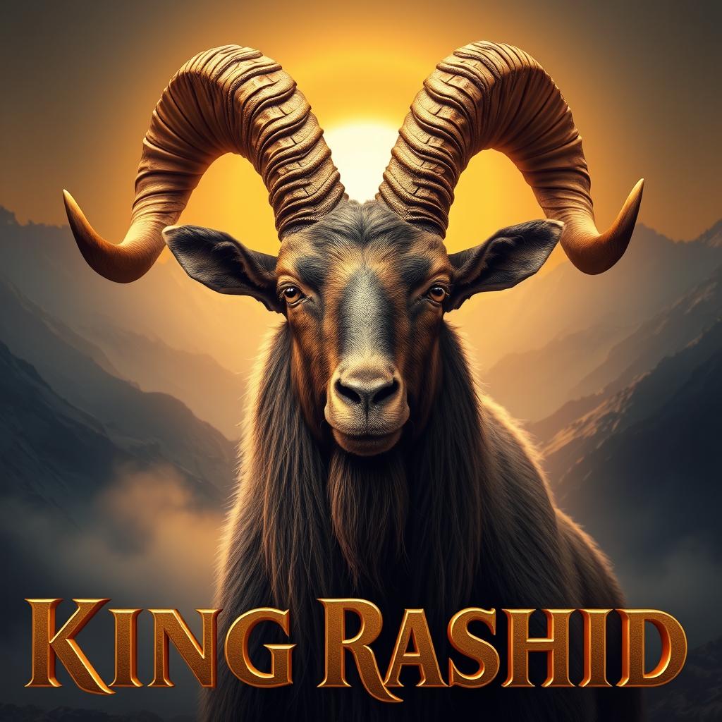 A majestic Markhor goat with large, intricate spiral horns adorned with golden metallic highlights