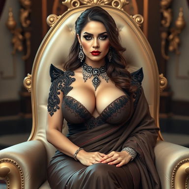 A captivating and voluptuous woman with an hourglass figure sitting elegantly in a regal chair