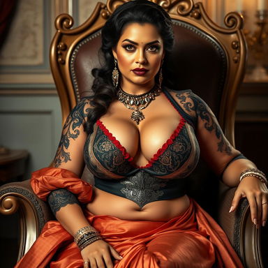 A captivating and voluptuous woman with an hourglass figure sitting elegantly in a regal chair