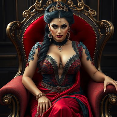 A captivating and voluptuous woman with an hourglass figure sitting elegantly in a regal chair
